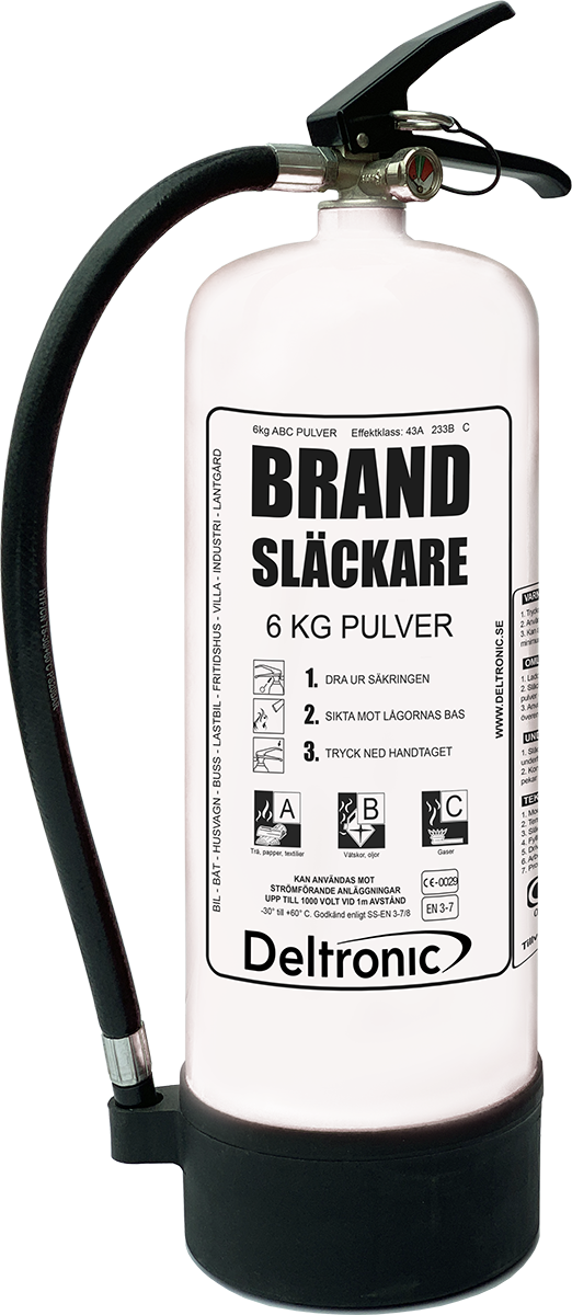 6 kg vit pulversläckare med illustration och text om handhavande