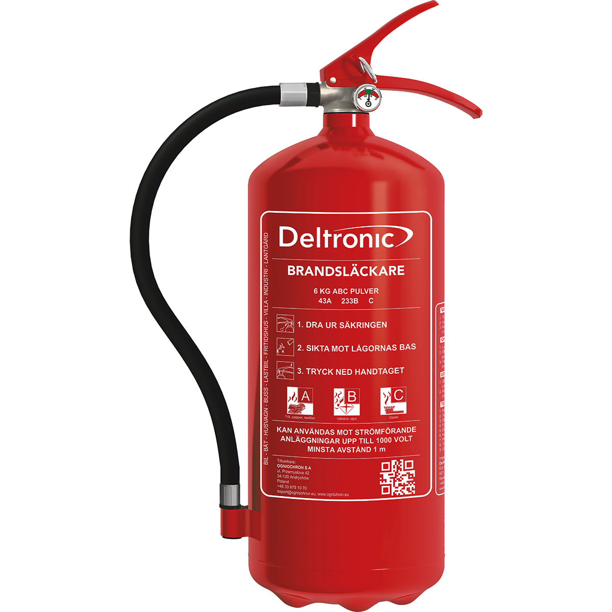6 kg red powder extinguisher with red handle seen from the front