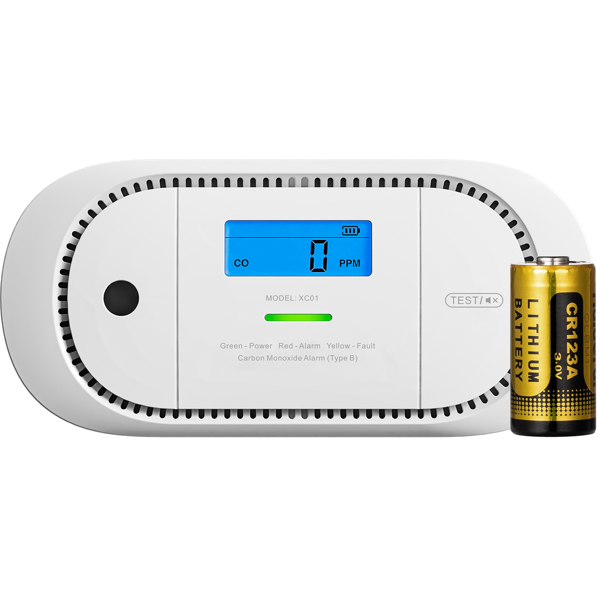 Kolmonoxidvarnare med display och ett litiumbatteri framför