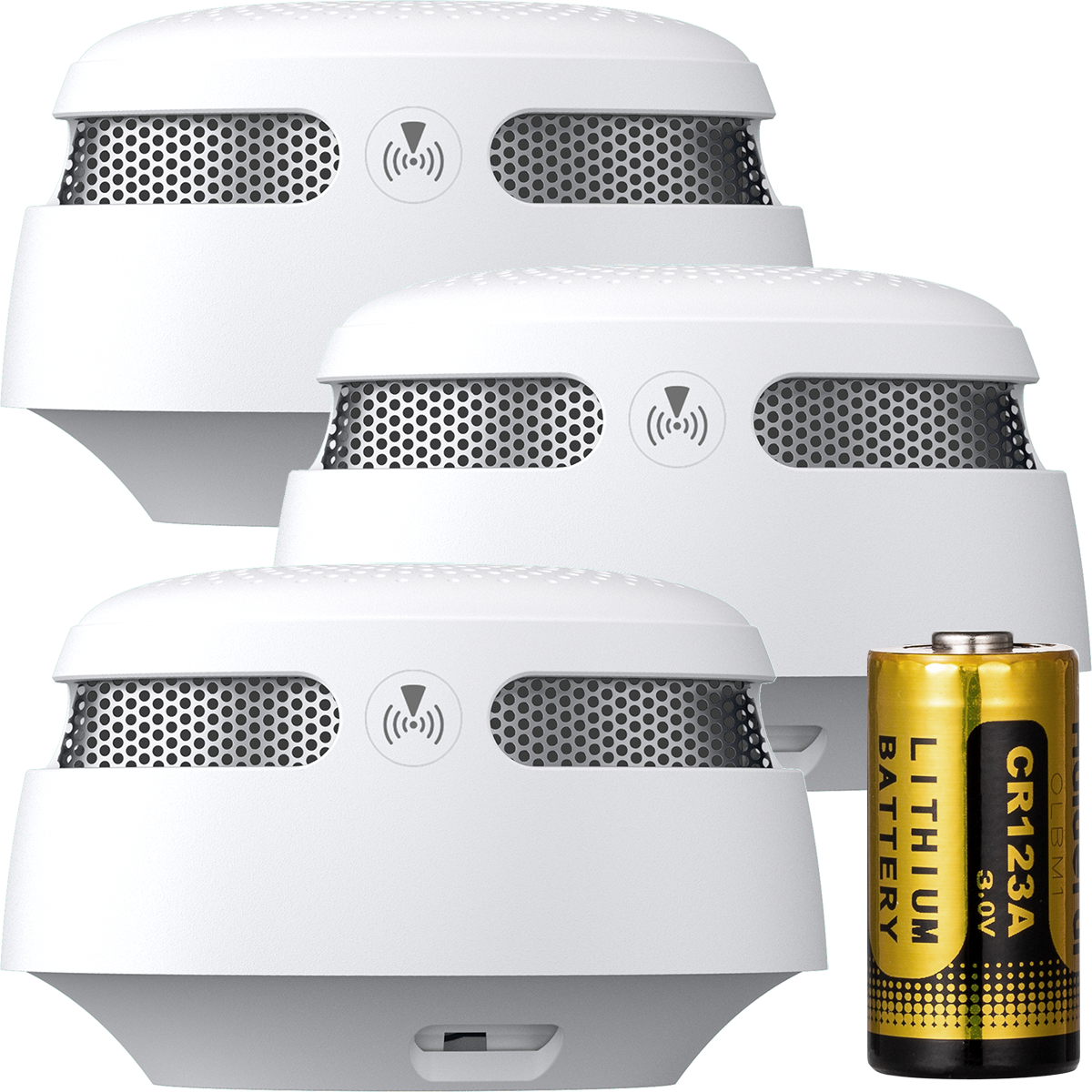 Tre sammankopplade brandvarnare XS01-M samt ett batteri CR123A