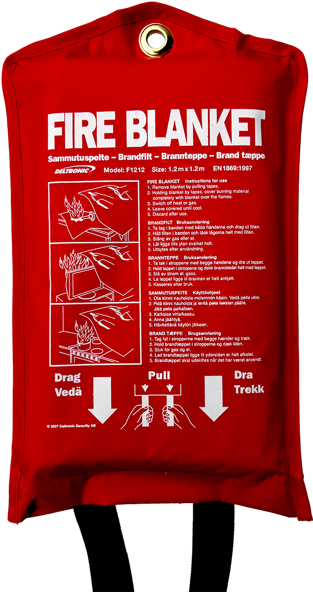 Framsida på röd brandfilt med engelsk text och illustration om handhavande