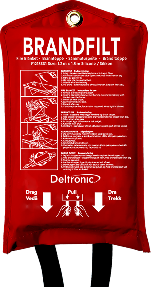 Framsida på röd brandfilt med illustration och text om användande